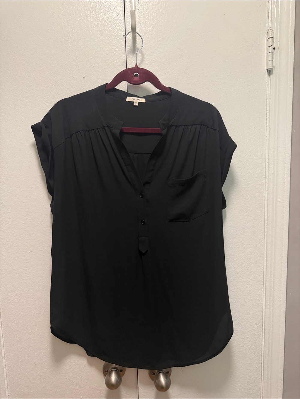Pleione Black Cap-Sleeve Blouse with Pocket Detail